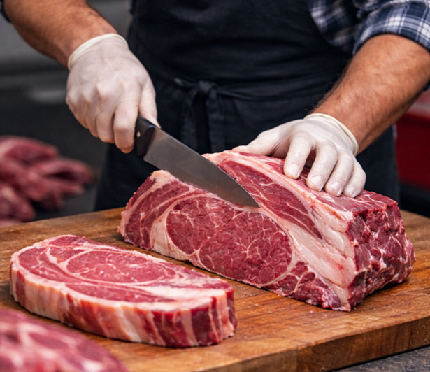 Carnicero cortando Chuletón
